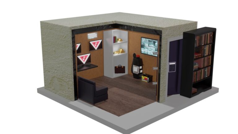 Panic / Safe Rooms Cutaway rendering of a residential safe room with a vault door hidden behind a bookcase
